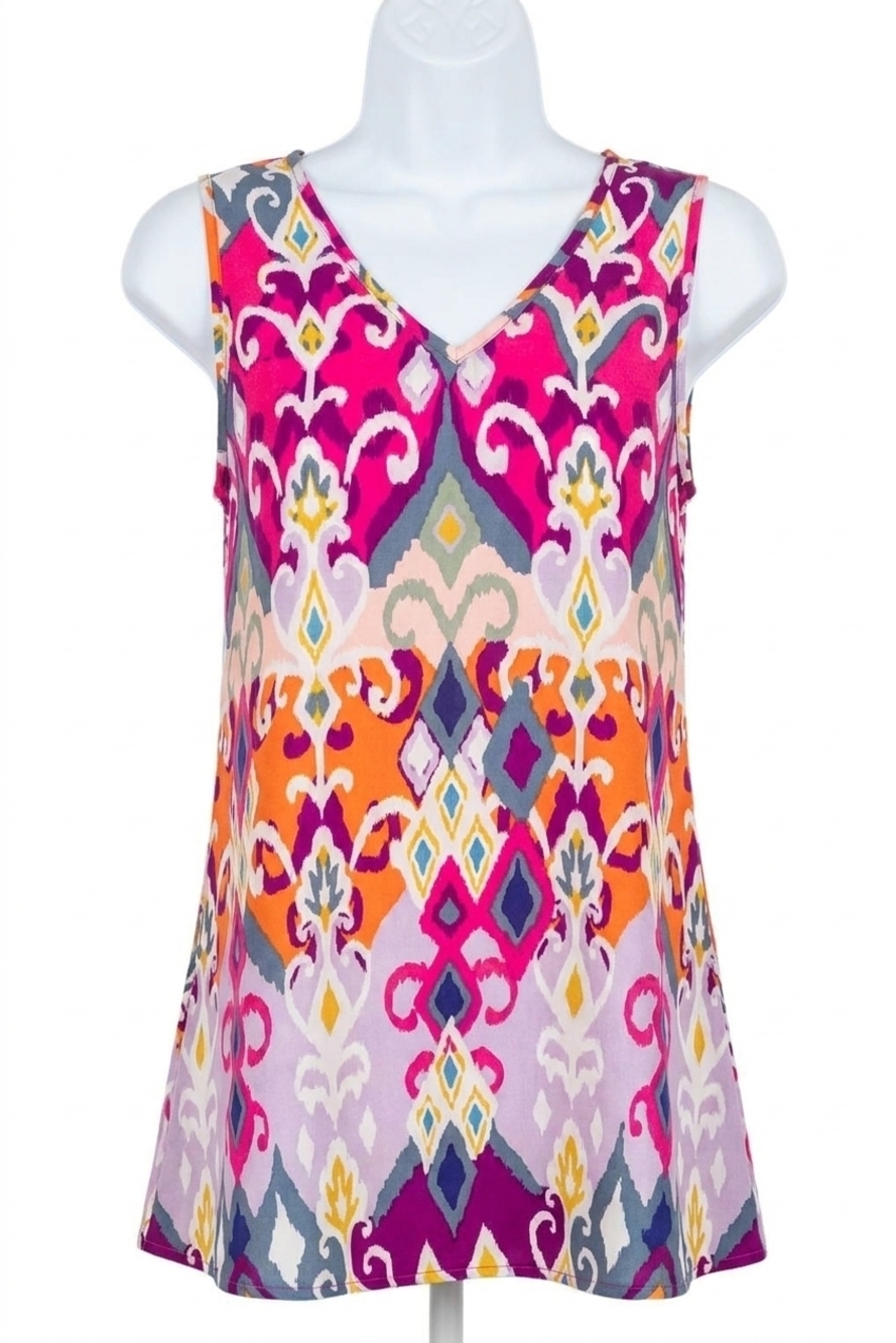 NEW HEIMISH USA flare v-neck top with self tie back in fuchsia multicolor